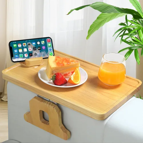 Vista 9 de Bandeja de brazo de sofá de madera tallada de bambú, bandeja de reposabrazos de sofá de tamaño normal de 11.8 x 8.6 pulgadas, no requiere