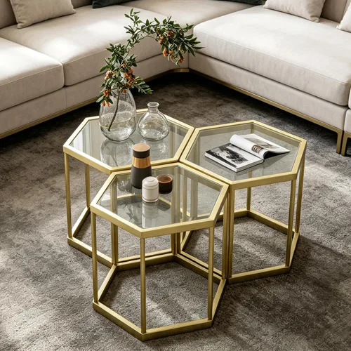 Vista 7 de Mesa auxiliar modular hexagonal, marco chapado en oro, parte superior de vidrio templado, mesa auxiliar geométrica, mesa anidable multiusos