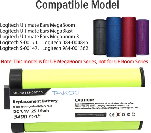 Vista 2 de Batería de repuesto para altavoz Bluetooth inalámbrico Logitech UE MegaBoom Series compatible con el número de pieza 533-000116 533-000146 7.4V