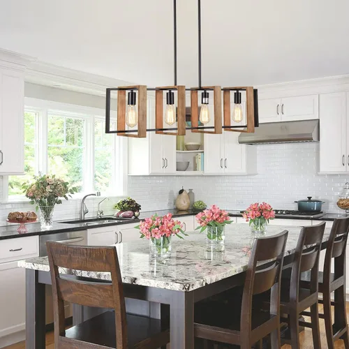 Vista 8 de Lámpara colgante de comedor de granja, para isla de cocina, rústica, 4 luces, madera y metal negro, lámpara rectangular para colgar en el techo