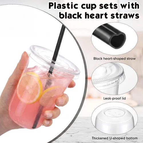 Vista 4 de Ziliny Juego de 50 vasos de plástico de paja negra con pajitas y tapas en forma de corazón, tazas desechables para café helado, mascotas