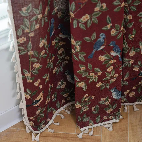 Vista 6 de Paneles de cortina de jacquard con borlas, patrón botánico, reducción de luz, aislamiento térmico, bolsillo para barra, cortinas para ventana