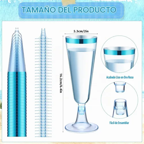 Vista 4 de Dandat 100 copas de champán de plástico desechables de 5 onzas con borde, copas de vino para boda, quinceañera, suministros de fiesta de cumpleaños