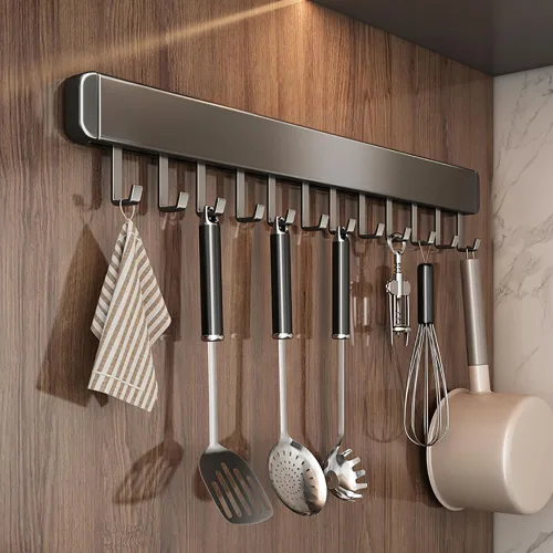 Vista 5 de Soporte para utensilios de cocina, ganchos de cocina, estantes para colgar utensilios de pared, autoadhesivo, debajo del gabinete, organizador