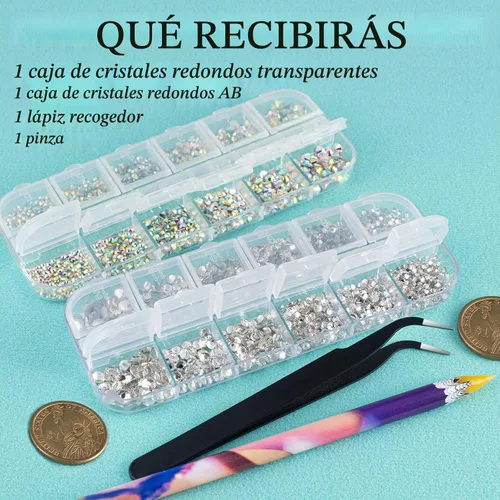 Vista 5 de Juego de 3440 piezas de cristales de vidrio transparente blanco y AB, en 6 tamaños con lápiz recogedor, pinzas para manicura con brillo iridiscente