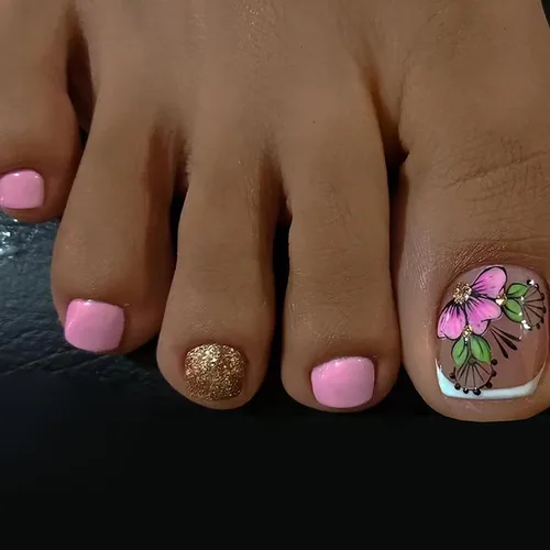 Vista 28 de Uñas postizas acrílicas artificiales negras para los dedos de los pies, ataúd a presión con diseños de flores blancas, uñas postizas reutilizables