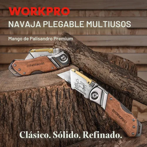 Vista 2 de WORKPRO Cuchillo utilitario plegable con clip para cinturón y cuchillas adicionales de 10 piezas, mango de madera, cortador resistente, cambio