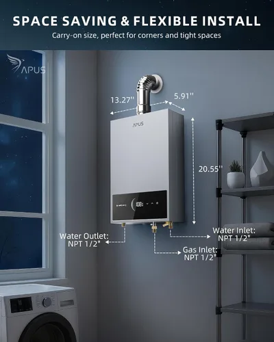 Vista 6 de APUS Calentador de agua sin tanque de gas natural, hasta 4.42 GPM, calentador de agua sin tanque para interiores, 95,000 BTU bajo demanda