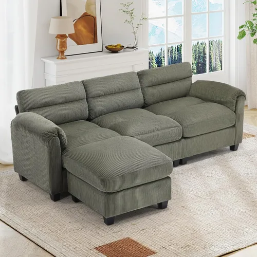 Vista 104 de HAOMARKETS Sofá esquinero modular en forma de L de 115 pulgadas con 2 otomanas móviles, sofás de pana de 8 plazas con cojín grueso para sala de Beige