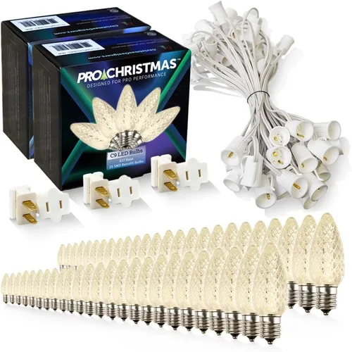 Vista 64 de Pro Christmas - Kit de luces C9 para exteriores, blanco cálido, cable verde, 50 bombillas, 50 pies