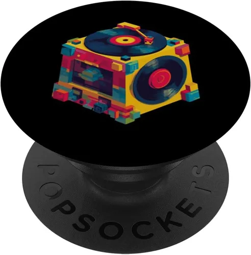 Vista 7 de Dados de vinilo coloridos con diseño retro de tocadiscos PopSockets PopWallet para MagSafe