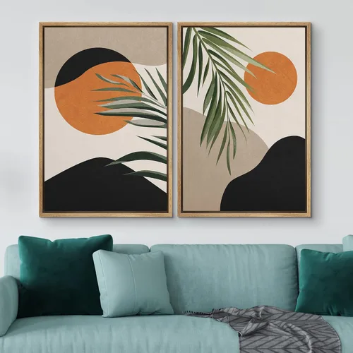 Vista 2 de IDEA4WALL Lienzo Enmarcado Impreso Arte de Pared Set Paisaje de Hojas de Palma de Selva de Mediados de Siglo Naturaleza Silvestre Ilustraciones Arte