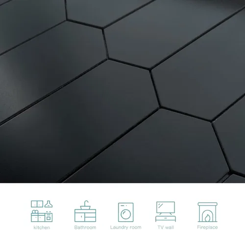 Vista 3 de Azulejo negro para salpicaduras de piquete, aspecto de cerámica, largo hexágono autoadhesivo para pared de cocina y baño, paquete de 6