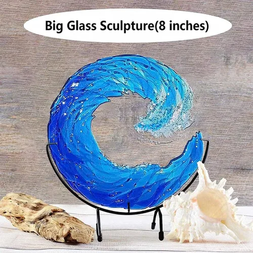Vista 2 de Escultura de vidrio fundido con ondas, adorno azul degradado creativo, forma de olas del océano, arte para decoración de escritorio, decoración