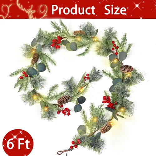 Vista 2 de Timer – Guirnalda de Navidad preiluminada con nieve artificial de 6 pies, guirnalda de cedro de tacto real con luces, bayas rojas y piñas de pino