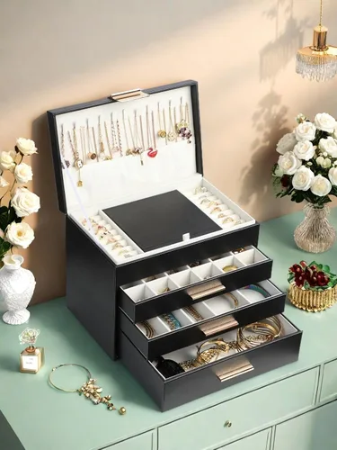 Vista 7 de BOOVO Joyeros para mujer, organizador de joyas de 5 capas con colgador de collar y cajones, caja de joyería grande para aretes, collares y pulseras