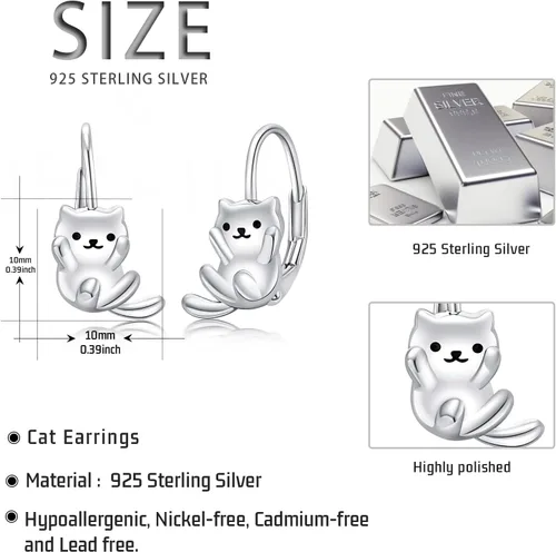 Vista 2 de Aretes de plata de ley 925 con diseño de gato, bonitos aretes de gato con diseño de gatito, joyería de regalo para mujeres y niñas, aretes
