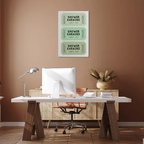 Vista 7 de Lienzo con impresión de karaoke para ducha, divertido arte de pared de baño, póster retro de boletos, color verde salvia, decoración de baño