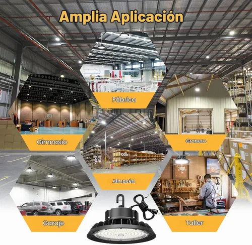 Vista 7 de UFO - Luz LED de alta bahía de 100 W, luces LED de alta bahía de 14,000LM, 0-10 V, regulable, cable de 6 pies con enchufe estadounidense, gancho