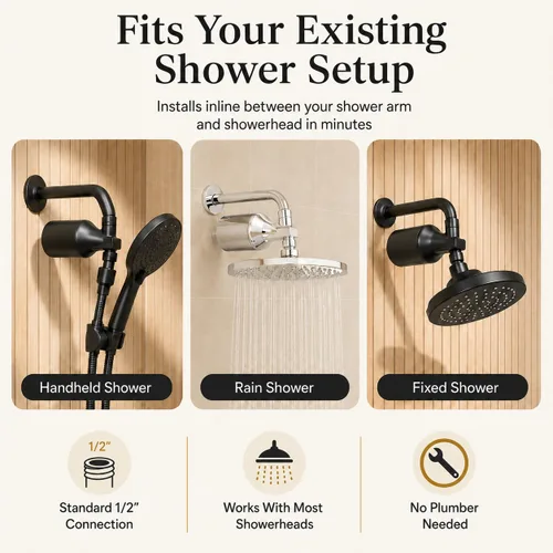 Vista 6 de Filtro de ducha Afina para agua dura - Elimina el 99% del cloro, sustancias nocivas y metales pesados - Mejora tu piel y cabello (Negro) Reduce