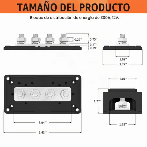 Vista 2 de Joinfworld Barra Colectora de 300A 12V DC Bloque de Distribución de Energía Impermeable con 4 Espárragos de 3/8", Bloque Terminal de Barra Colectora