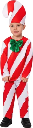 Vista 5 de galeeup Disfraz de bastón de caramelo para niños, caja de regalo para niños, traje de Navidad para cosplay, parte superior, pantalones, sombrero