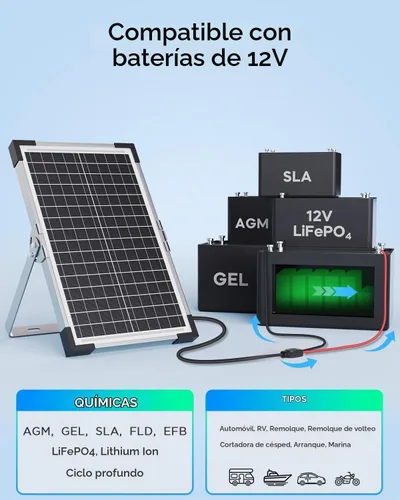 Vista 5 de Mantenedor de batería solar de 7.5 W y cargador de goteo, panel impermeable de 12 V con controlador inteligente IP68, protección contra sobrecarga