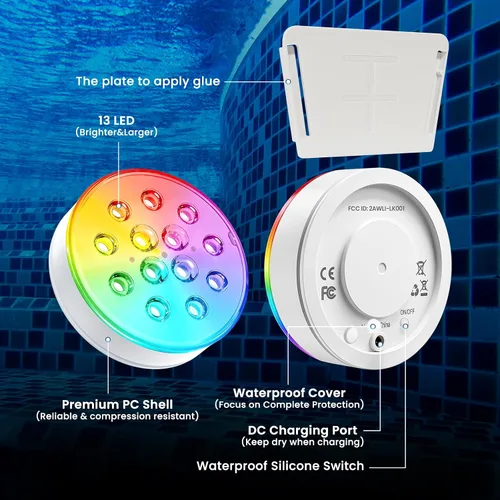Vista 5 de LOFTEK Luces LED sumergibles con control remoto, 13 luces LED recargables para piscina enterrada sobre el suelo, IP68 impermeable 16