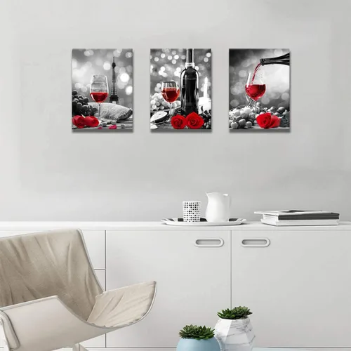 Vista 4 de Decoración de vino para cocina, arte en lienzo con rosas de vino tinto, arte para paredes del hogar, blanco y negro, con pintura de vino tinto, arte