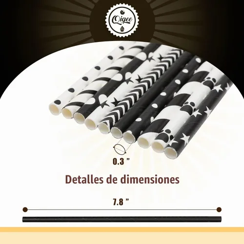 Vista 5 de qiqee Pajitas de papel negro, 150 pajitas desechables a granel (10 patrones negros, biodegradables, desechables, 7.75 x 0.25 pulgadas)