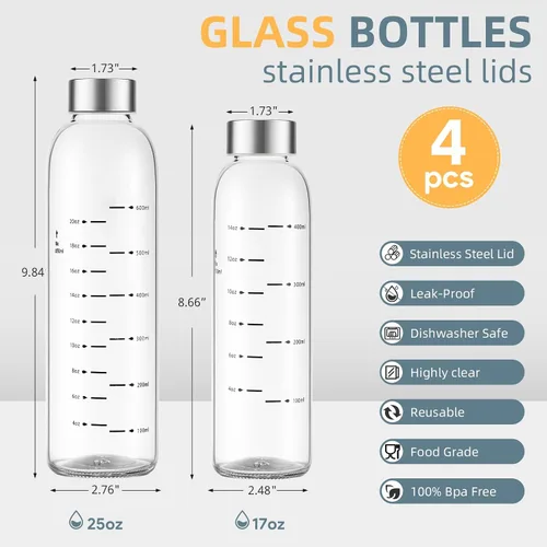 Vista 5 de Botellas de agua de vidrio Olivego con tapas 17 oz, botellas de jugo transparentes con tapa de acero inoxidable, botella de vidrio reutilizable