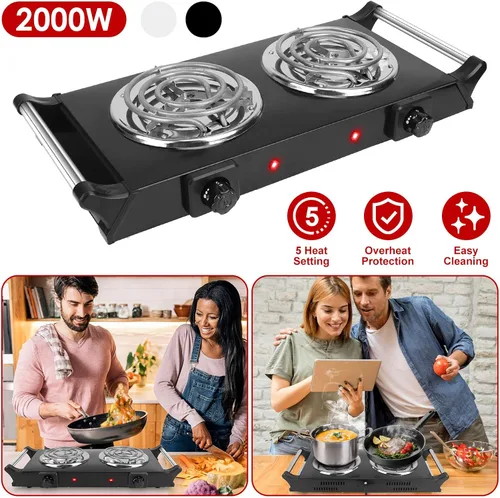 Vista 2 de Placa caliente de 2000 W, estufa eléctrica portátil para encimera, quemadores de bobina doble con control de temperatura de 5 niveles y asas que se
