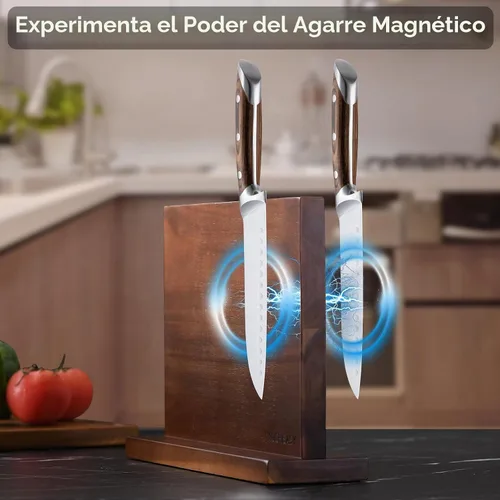 Vista 2 de Soporte magnético para cuchillos - KUCHEASY Bloque magnético doble cara sin cuchillos - Soporte universal de cuchillos de madera con imanes