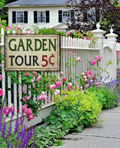 Vista 7 de Letrero de metal para jardinería al aire libre, Garden Tours 5 centavos, letrero de bienvenida retro de colibrí, letrero decorativo de flores