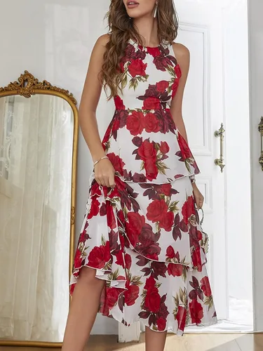 Vista 5 de WDIRARA Vestido de gasa con estampado floral de talle alto sin mangas y volantes para mujer