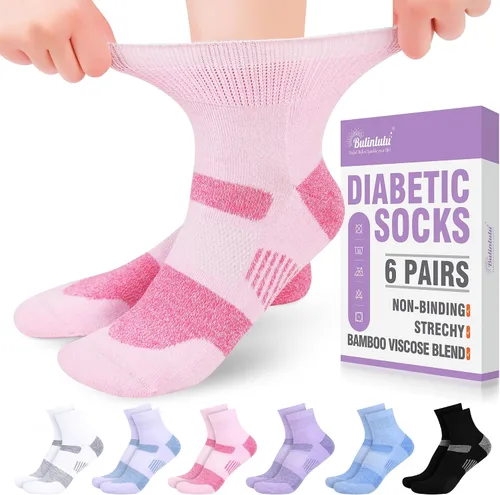 Vista 9 de Bulinlulu Calcetines diabéticos para mujer, talla 9-11, 6 pares de calcetines tobilleros diabéticos no vinculantes para mujeres y hombres (negro)