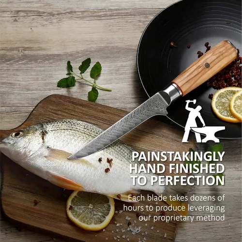 Vista 5 de Master Maison Cuchillo de filete de acero de Damasco de 6 pulgadas con mango de espiga completa, funda, piedra de afilar, caja de almacenamiento