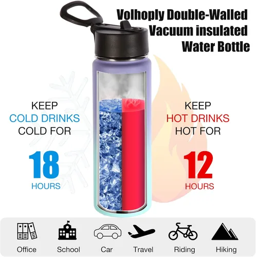 Vista 3 de Volhoply Botellas de agua aisladas de 22 onzas con tapa con popote, botella de acero inoxidable con asa, vasos de agua de viaje de metal de doble