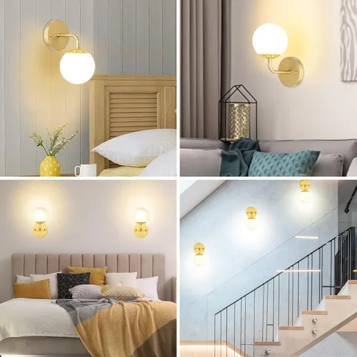 Vista 7 de Moderno juego de dos apliques de pared dorados, lámpara de pared de mediados de siglo, aplique de latón con vidrio de globo blanco, accesorios