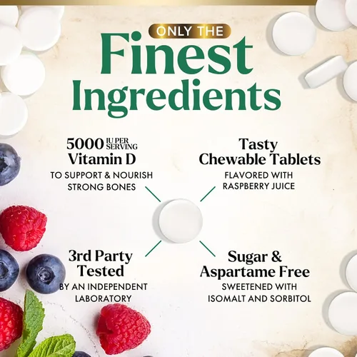 Vista 3 de Vitamina D3 5000 UI (125 mcg) por porción, vitamina D extra fuerte masticable para apoyo inmunológico, suplementos para huesos, dientes y músculos