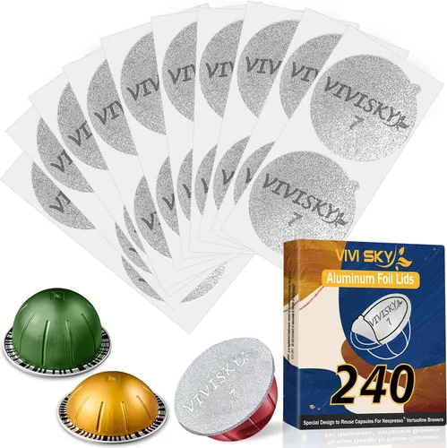 Vista 8 de VIVI SKY 120 tapas de papel de aluminio para cápsulas Nespresso reutilizables Vertuoline, cápsulas de café, sellos, cubiertas adhesivas compatibles