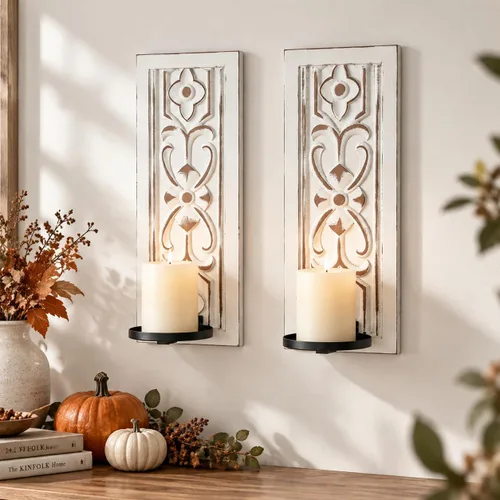 Vista 7 de Juego de 2 candelabros de pared tallados en madera 3D en relieve