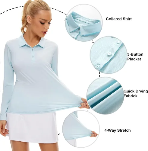 Vista 2 de Camisa polo de golf de manga larga para mujer, con protección solar UPF50+, absorbe la humedad, secado rápido