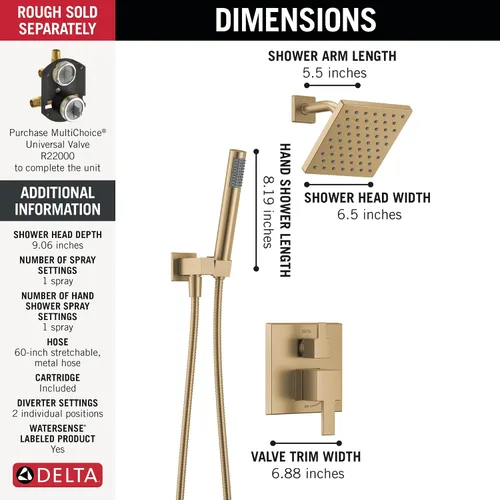 Vista 4 de Delta Moderno juego de grifo de sistema de ducha cuadrado, juego de cabezal de ducha y mango de oro cepillado de 6.5 pulgadas, kit de moldura