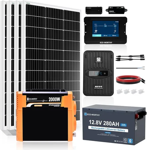 Vista 9 de ECO-WORTHY 1.6KWH Complete Solar Panel Kit 400W 12V for RV Off Grid: 4 * 100W Solar Panels + 40A MPPT Charge Controller +12V 100Ah Lithium Battery +