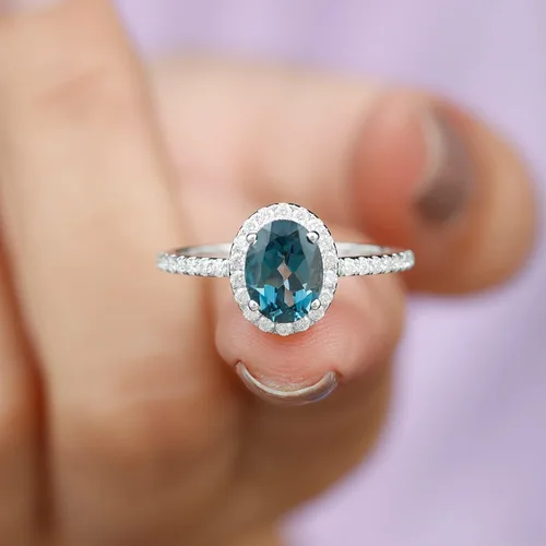 Vista 5 de Anillo de compromiso de topacio azul natural de Londres de 0.236 x 0.315 in, calidad AAA, anillo solitario de diamante de topacio azul, listo