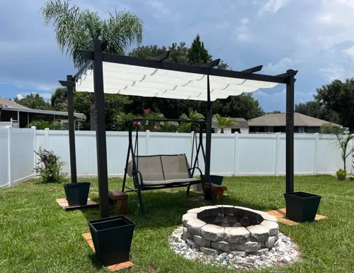 Vista 12 de PURPLE LEAF Pérgola de 10 x 12 pies con toldo retráctil, pérgola cuadrada de bronce de aluminio para patio al aire libre, junto a la piscina, beige