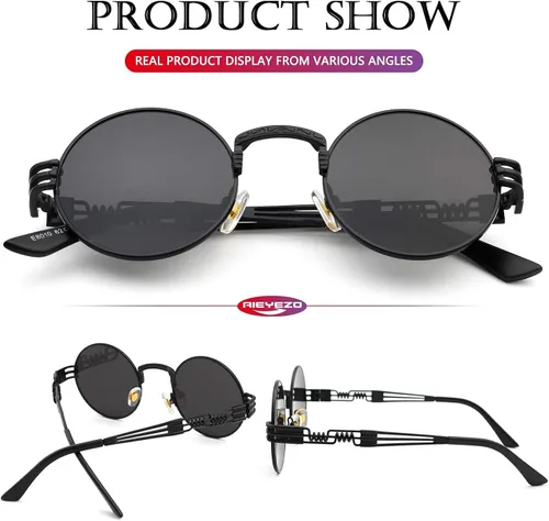 Vista 7 de AIEYEZO Gafas de sol redondas steampunk Circle Lennon Hippie, marco de metal, lente de bloqueo UV 100%