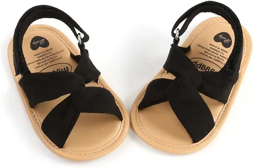 Vista 5 de GDSDYM Sandalias de verano para bebés y niñas con lazo de flores, suela suave, para vestido de boda, zapatos planos para recién nacidos, primeros
