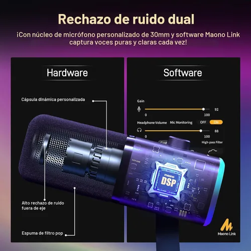 Vista 5 de MAONO Kit de micrófono XLR/USB para juegos: micrófono dinámico para PC para transmisión y podcast, soporte de software, botón de silencio, control
